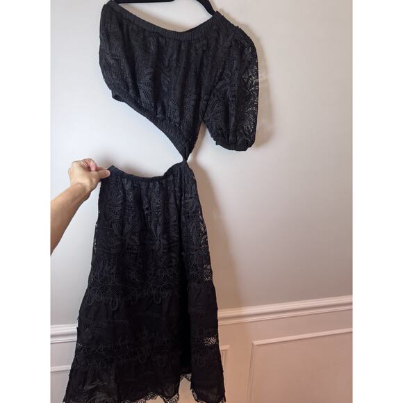 Waimari Jade Midi Dress S Black One Puff Shoulder Sheer Cutout Eyelet Lace NWT - Picture 7 of 16